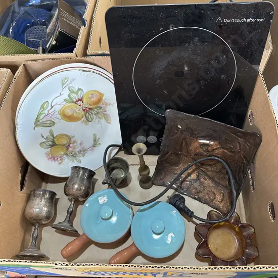 Induction hot plate, brass vase and silverware etc.