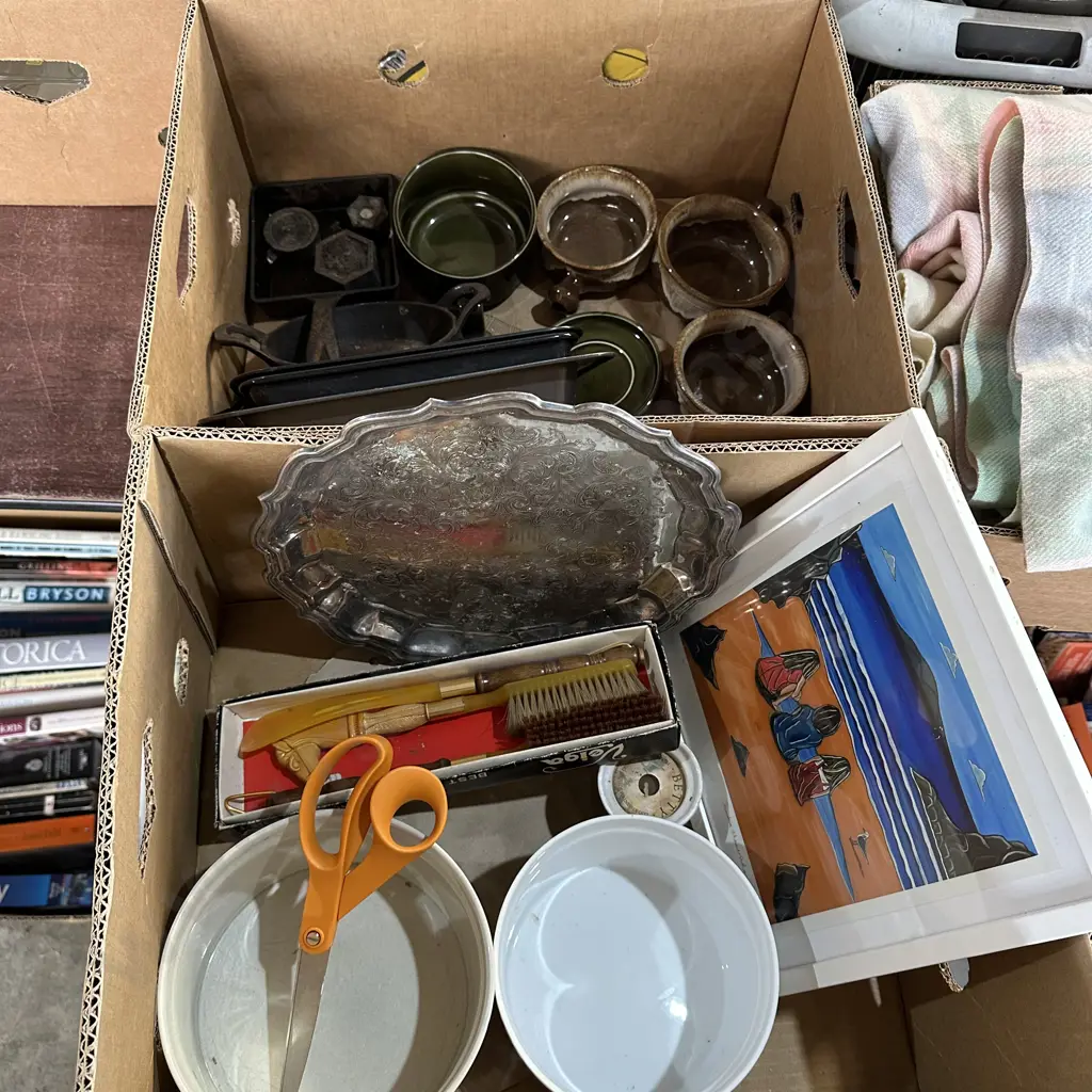 Two boxes pottery, cast iron pans and weights, silver tray etc. Image 1++