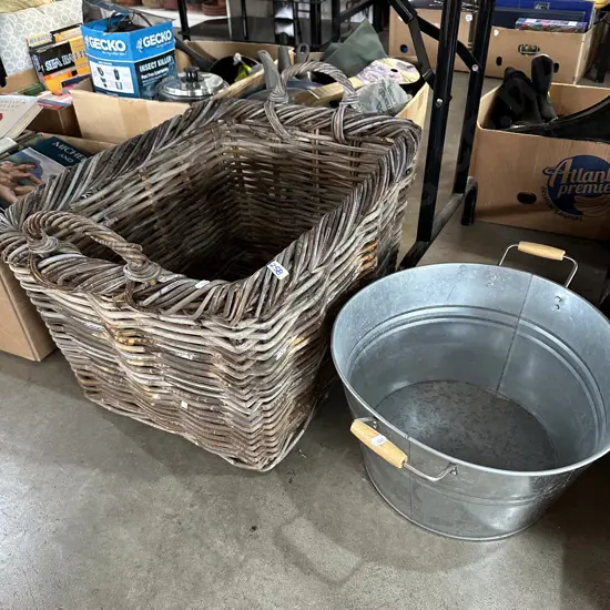 Large cane basket plus galvanised metal bucket.