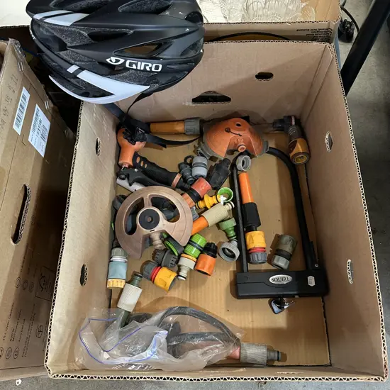 Garden hose accessories, bike lock and helmet.