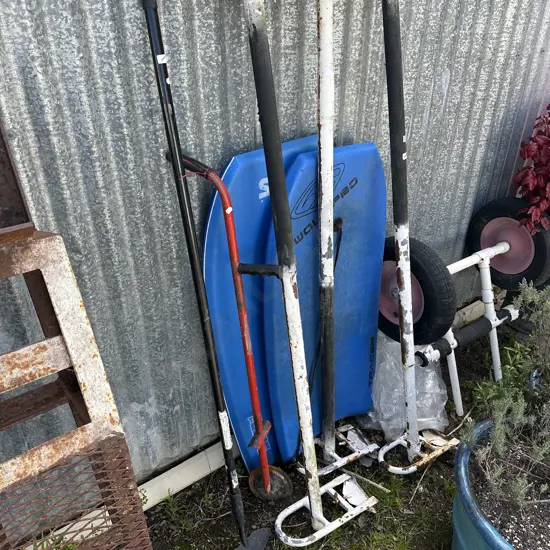Garden hoe and edger plus roof racks etc.