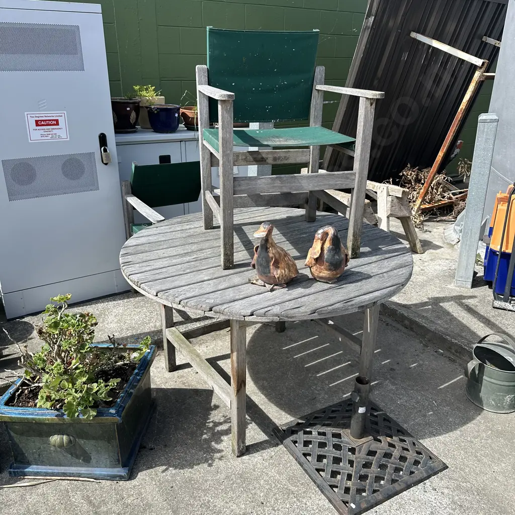 Outdoor table and two chairs plus umbrella stand. Image 1++