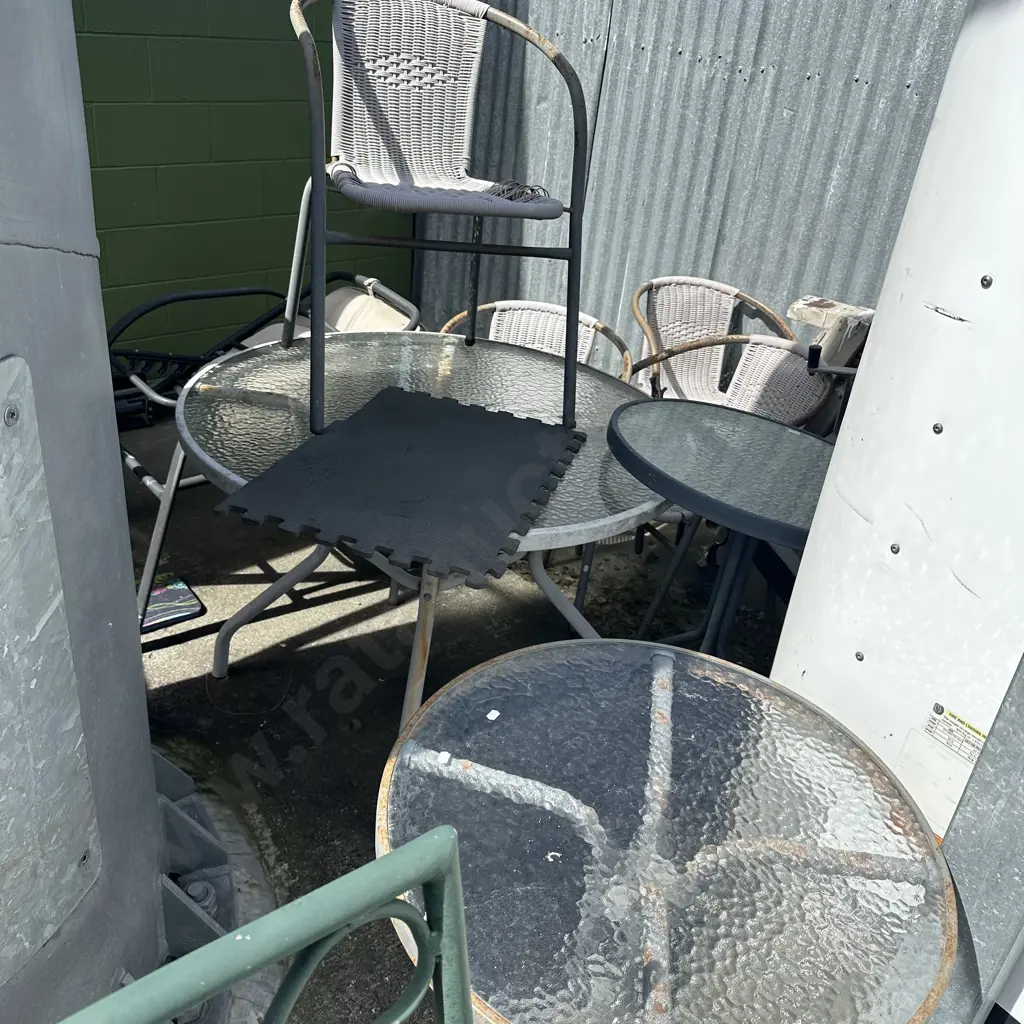 Large lot of average outdoor table and two patio tables plus chairs. Image 1++