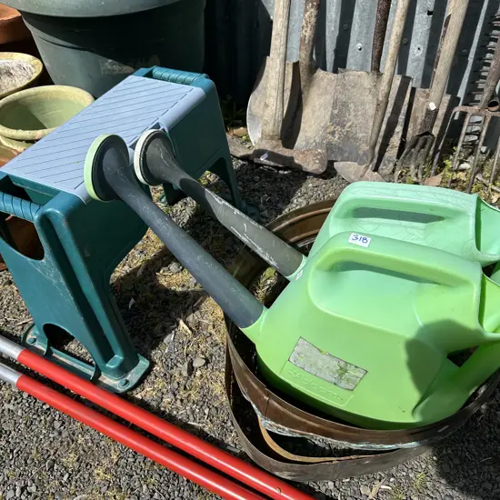 garden stool, water cans and Copper