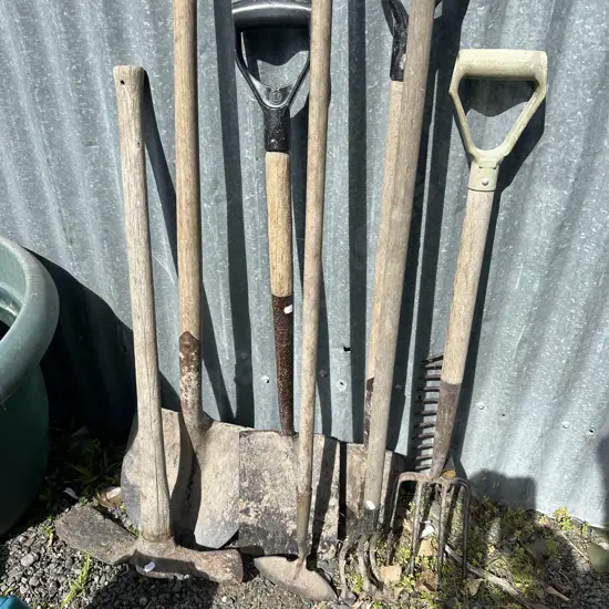 selection of wooden handle garden tools