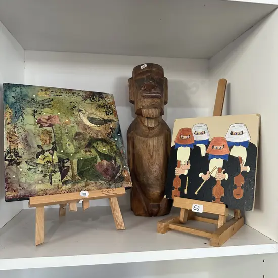 2 paintings, stands and carving