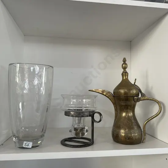 vase, candle holder and brass coffee jug
