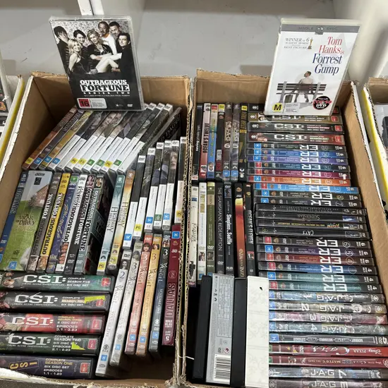 Two boxes of DVDs.