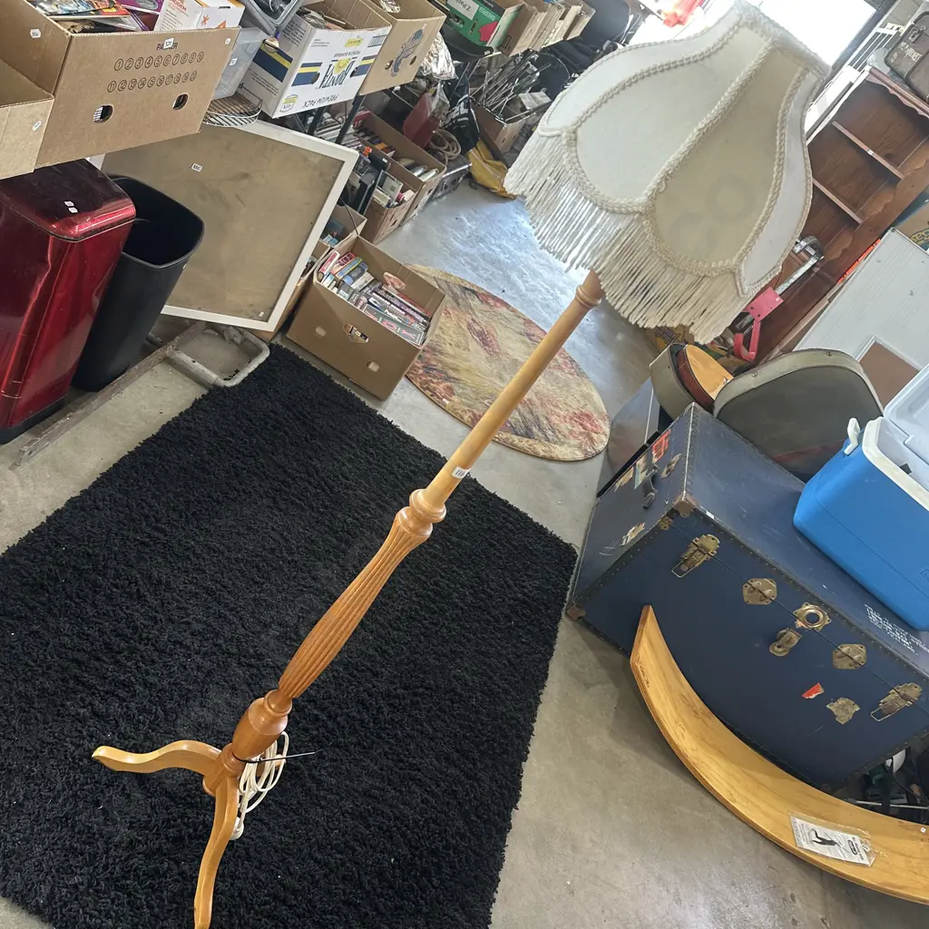 Vintage wooden floor lamp and shade. Image 1++