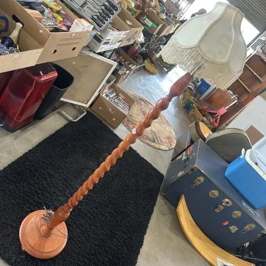 Vintage wooden barley-twist floor lamp and shade.
