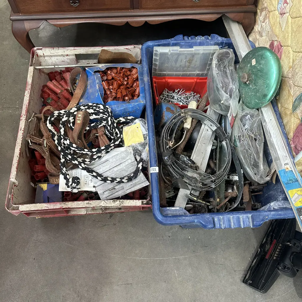 Two bins of assorted garage items. Image 1++