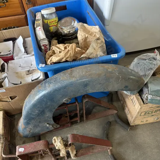 Bin of strapping and Z nails etc plus pair of stands etc.