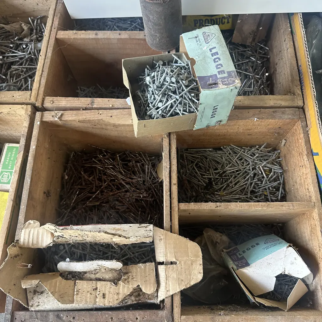 Four nail boxes with galvanized and steel nails etc. Image 1++