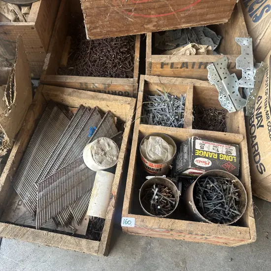 Five wooden boxes with nails, nail plates etc.