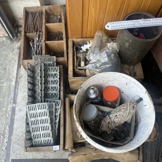 Lot of nails, nail plates, bolts and screws plus builders rule etc.