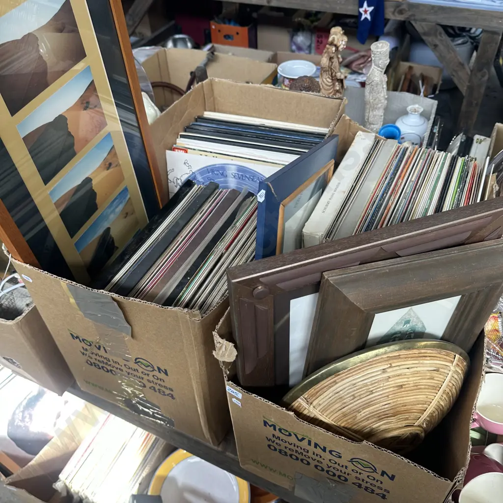 2 boxes records, pictures & frames and bowl Image 1++
