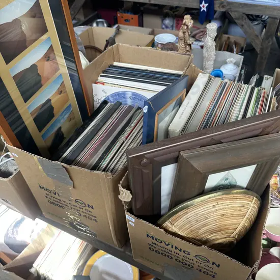 2 boxes records, pictures & frames and bowl