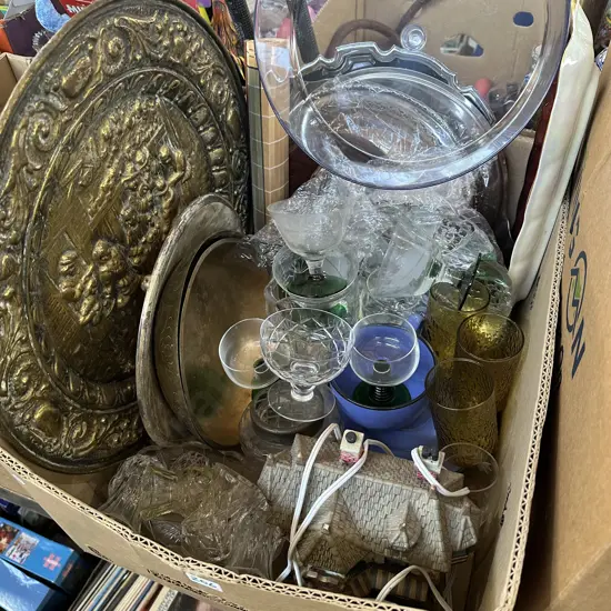 brass wall hanging, lamp house, silver trays etc