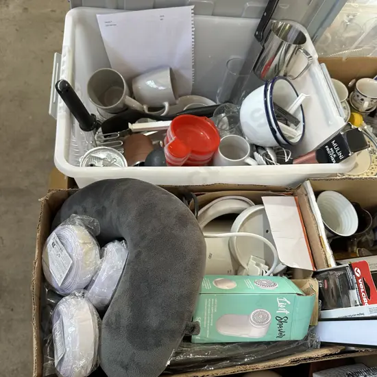 lidded plastic bin, cutlery, kitchenware, jug, neck cushions, lint shaver etc