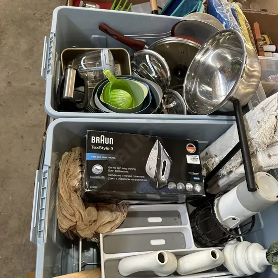 2 x lidded bins, iron, pots ,pans, kitchenware etc