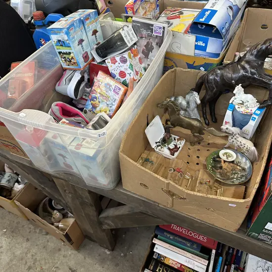 bin and box with Brass horse and new items etc