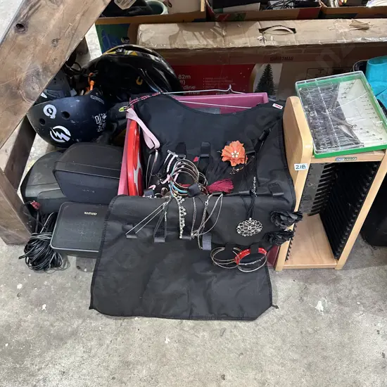 car speakers, costume jewellery, bin lot etc