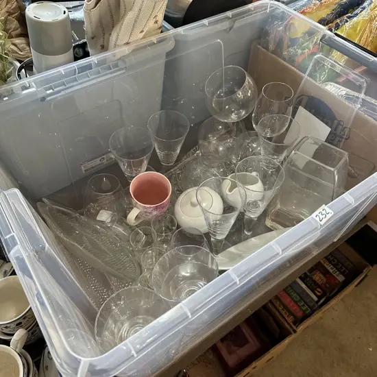 bin of glassware etc
