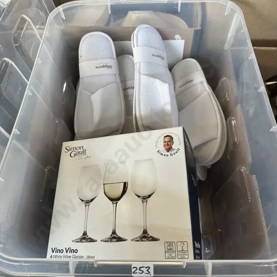 lidded bin of slippers and wine glasses
