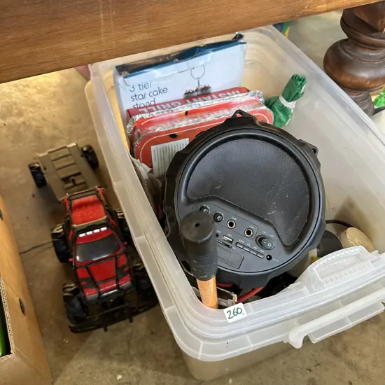 bins, hardware, tools, speaker and toy