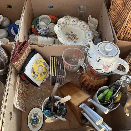 2 box knives and block, CDs, mixing jugs etc