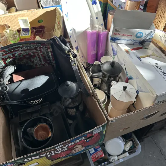 2 box glass set, candles, collectables, coffee perk, handbags etc