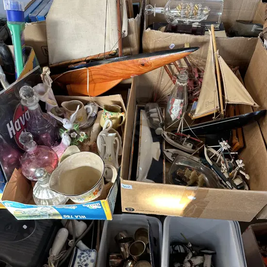 2 boxes ships in bottles, wooden yachts etc