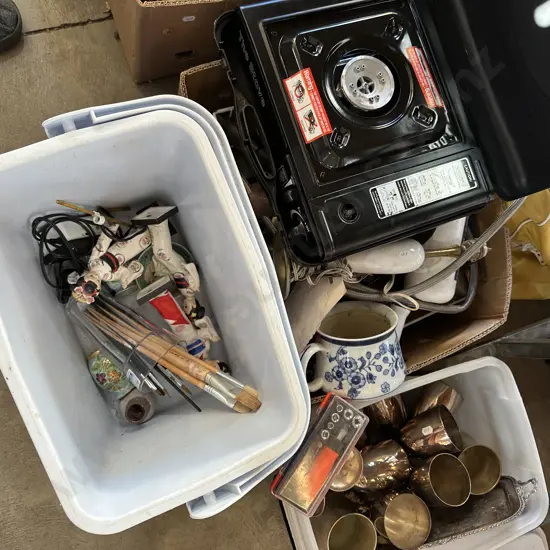 large lot cooker, paint brushes, goblets etc