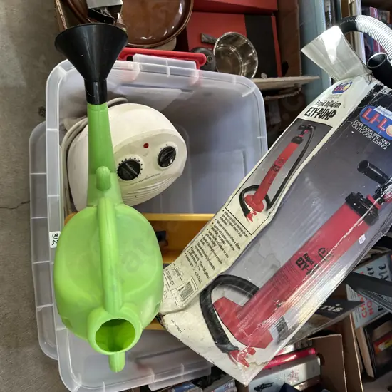 lidded bin, large air pump etc