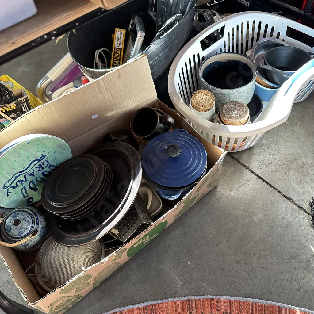 basket and box of cook and dinnerware Image 1++