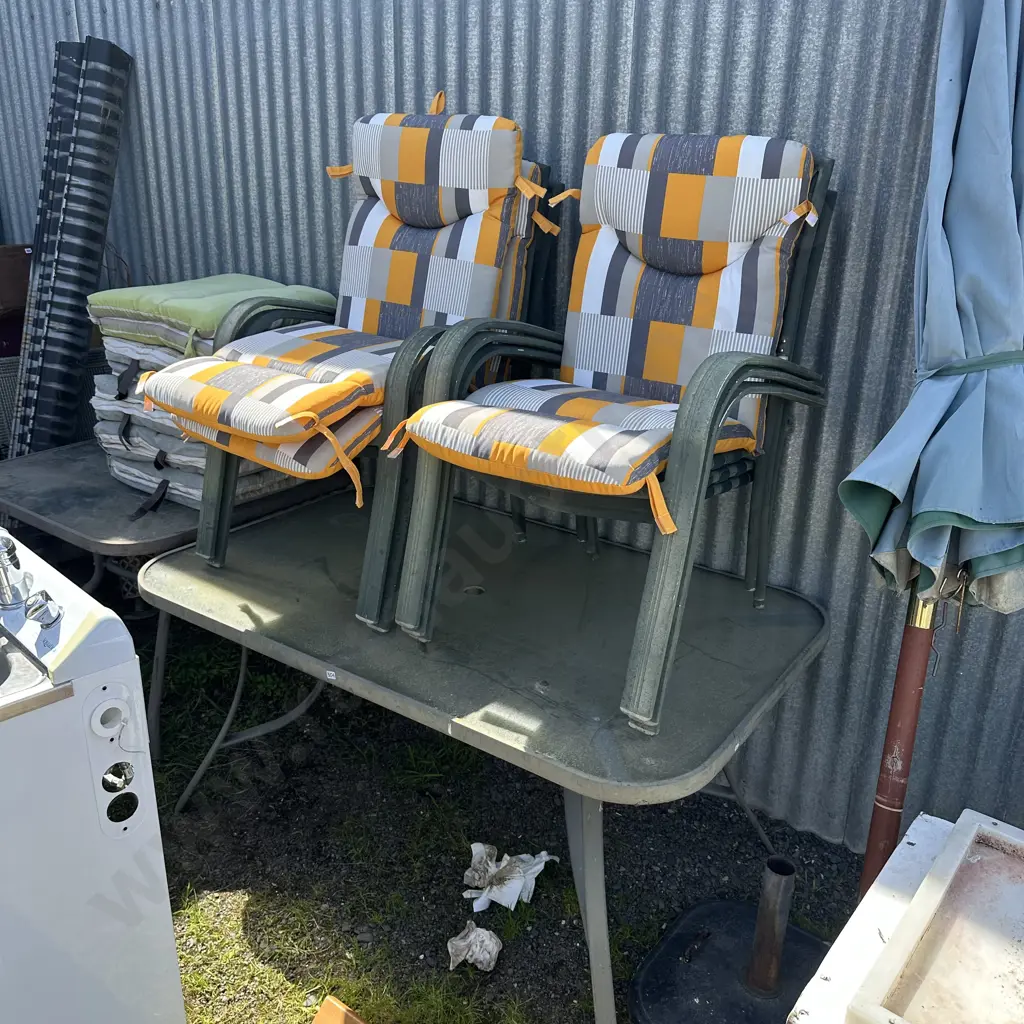 2 outdoor tables, chairs, new and old chair cushions plus umbrella and stand Image 1++