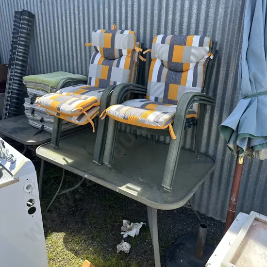 2 outdoor tables, chairs, new and old chair cushions plus umbrella and stand