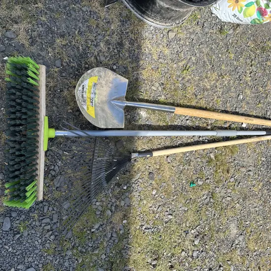 broom, rake, Stanley shovel