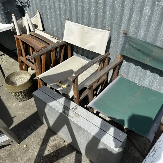 deck chairs, folding table, planter
