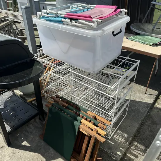 deck chairs, bins, wire baskets