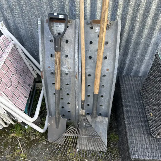 Leaf rake, shovel and spade.