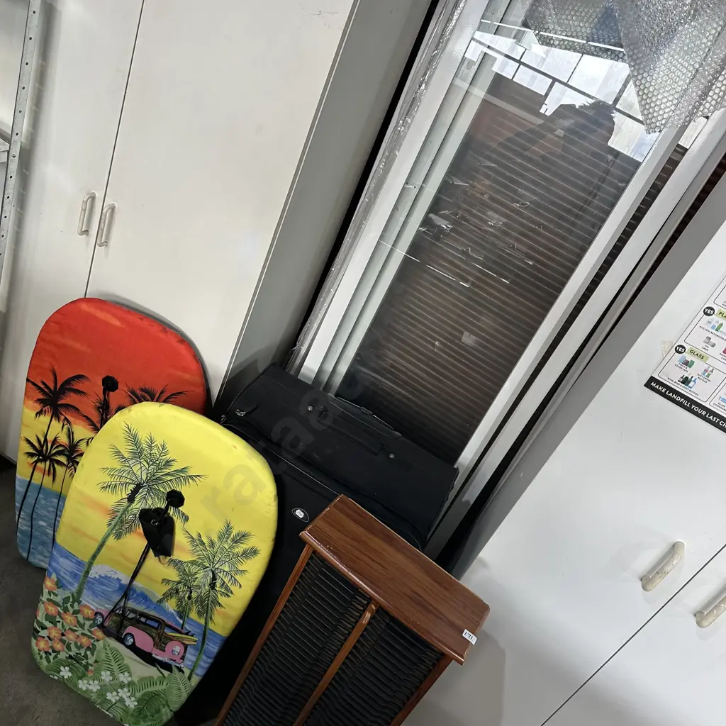 shower doors, boggy boards, suitcase, CD stand (must take all) Image 1++