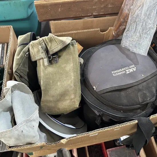 Camping, tent pegs, enamelware plates etc.