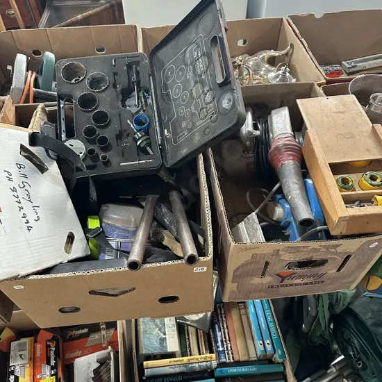 Two boxes planer, saw blades and hole saws etc.