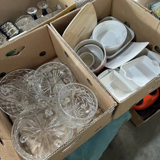 Two boxes crystal bowls and bakeware.