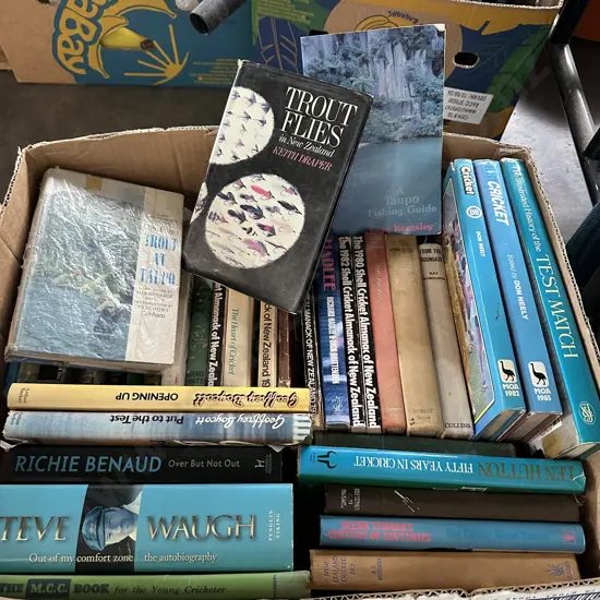 Fishing and cricket books.