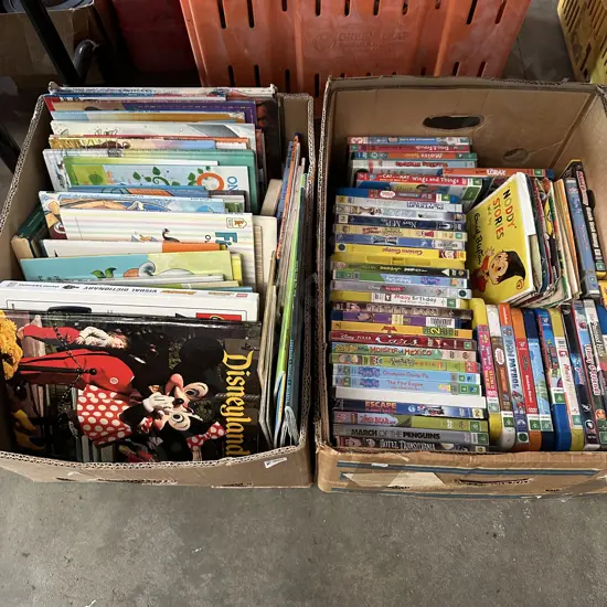 Two boxes childrens books, DVDs and 45s.
