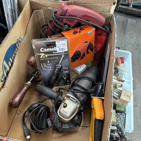 Box of power tools and chromecast etc.