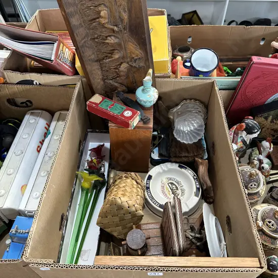 Box of collectables, glass flowers, microscope, book ends etc.