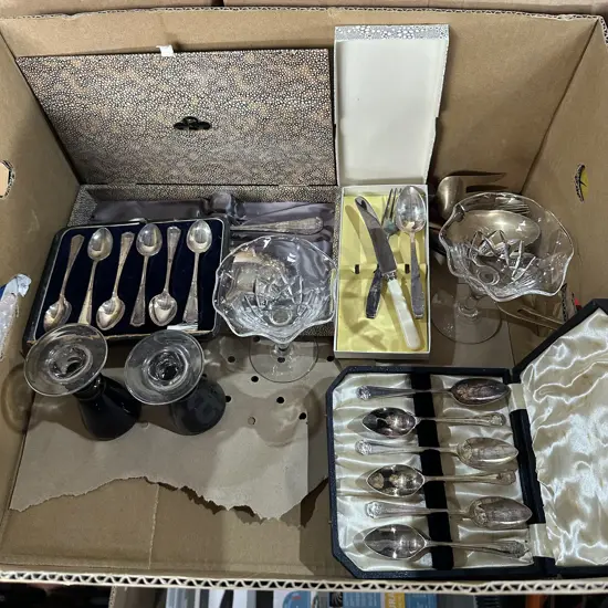 Cased spoons and servers plus crystal and pair vintage candlestick holders.